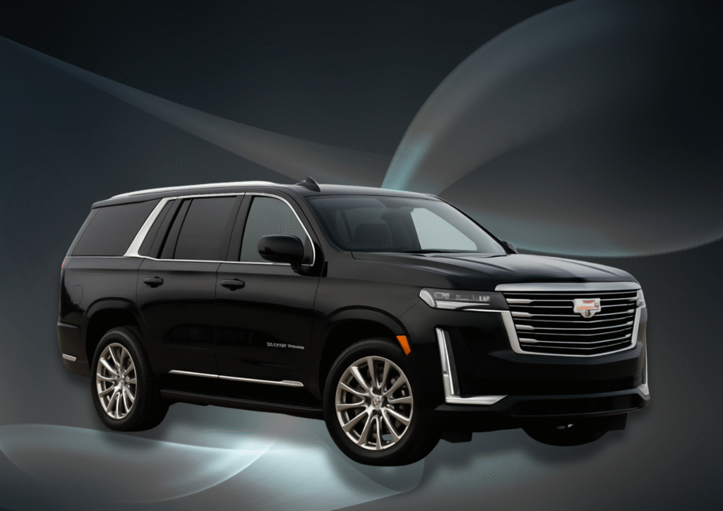 Black Cadillac Escalade ESV with extended body and chrome accents, parked under blue skies — premium SUV perfect for weddings, VIP clients, or group events.