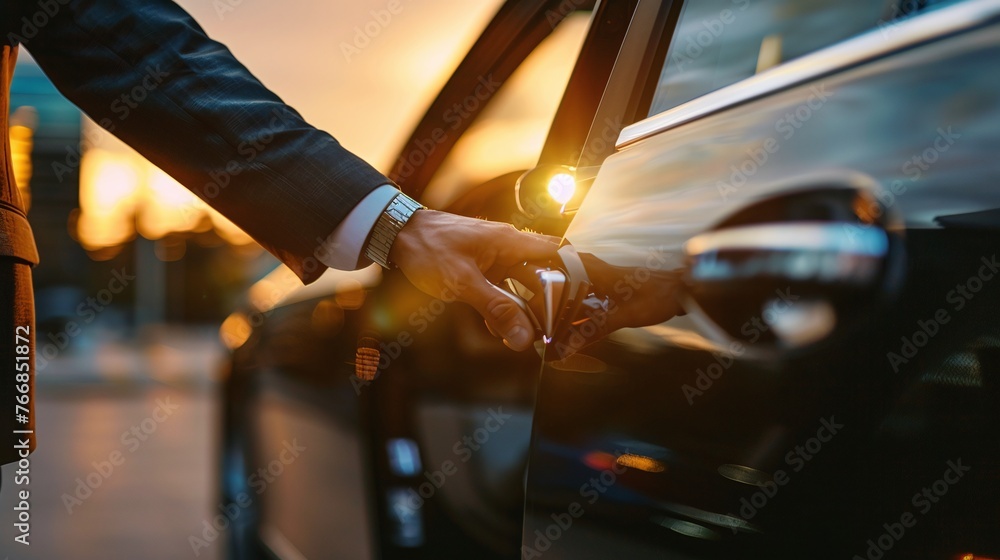Man opening car door at sunset.