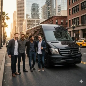 Four men smiling beside a black van.